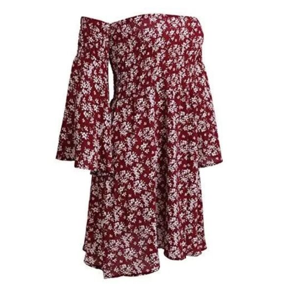 ONEYIM Burgundy Floral Print Long Sleeve Off The Shoulder Summer Dress - Picture 3 of 7